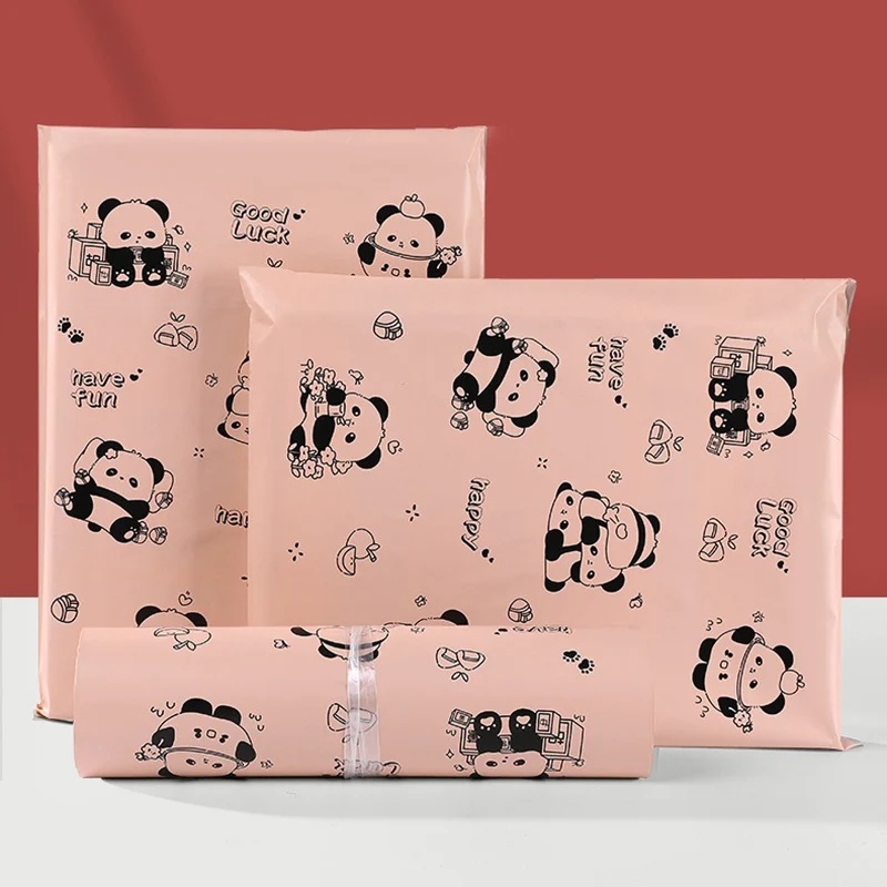 

17x30cm/25x35cm Lotus Pink Express Bag Cute Panda Print Courier Bags Good Luck Shipping Mailing Envelope Gift Pouches 10Pcs