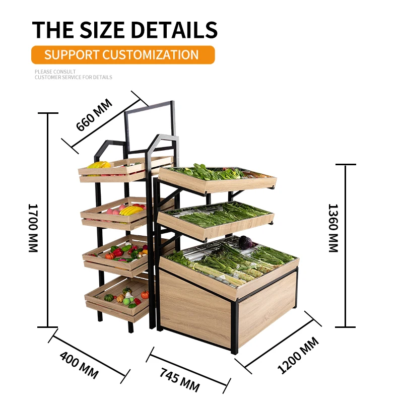 custom.Supermarket Plastic Metal Steel Wooden Fruit and Vegetable Display Stands Rack Shelf Counter