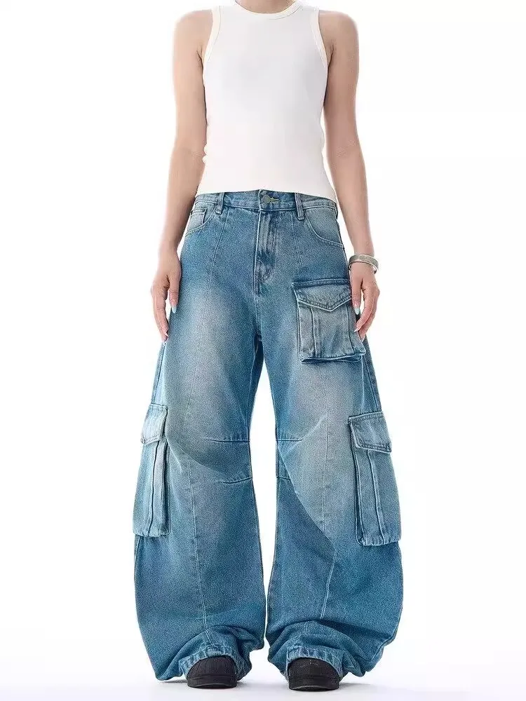 

Women's Blue Cargo Baggy Jeans Y2K American High Street 2000S Style Harajuku Aesthetic Vintage Jeans Pants Trousers Clothing New