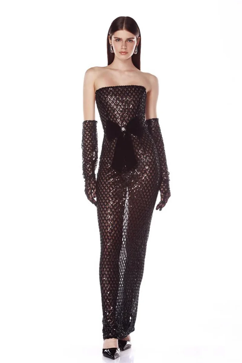 

Black Sequins Prom Dress Detachable Sleeves Sexy Strapless Sheath Long Party Gown Shiny Crystals Formal Wedding Birthday Robe
