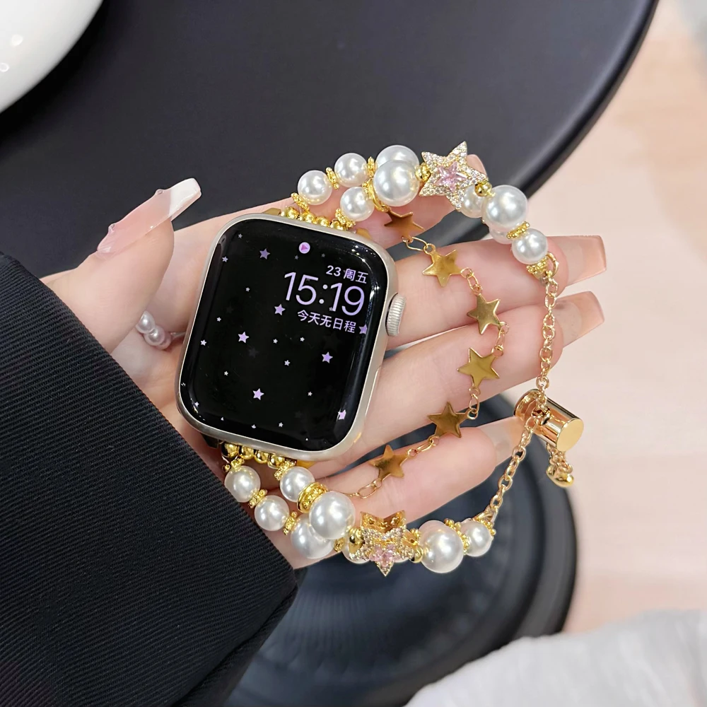 Luxury Lucky Star เพิร์ลโลหะสําหรับ Apple Watch Band 49 41 44 45 40 42 มม.ผู้หญิงเครื่องประดับนาฬิกาข้อมือสร้อยข้อมือสําหรับ iWatch 9 8 7 SE 6