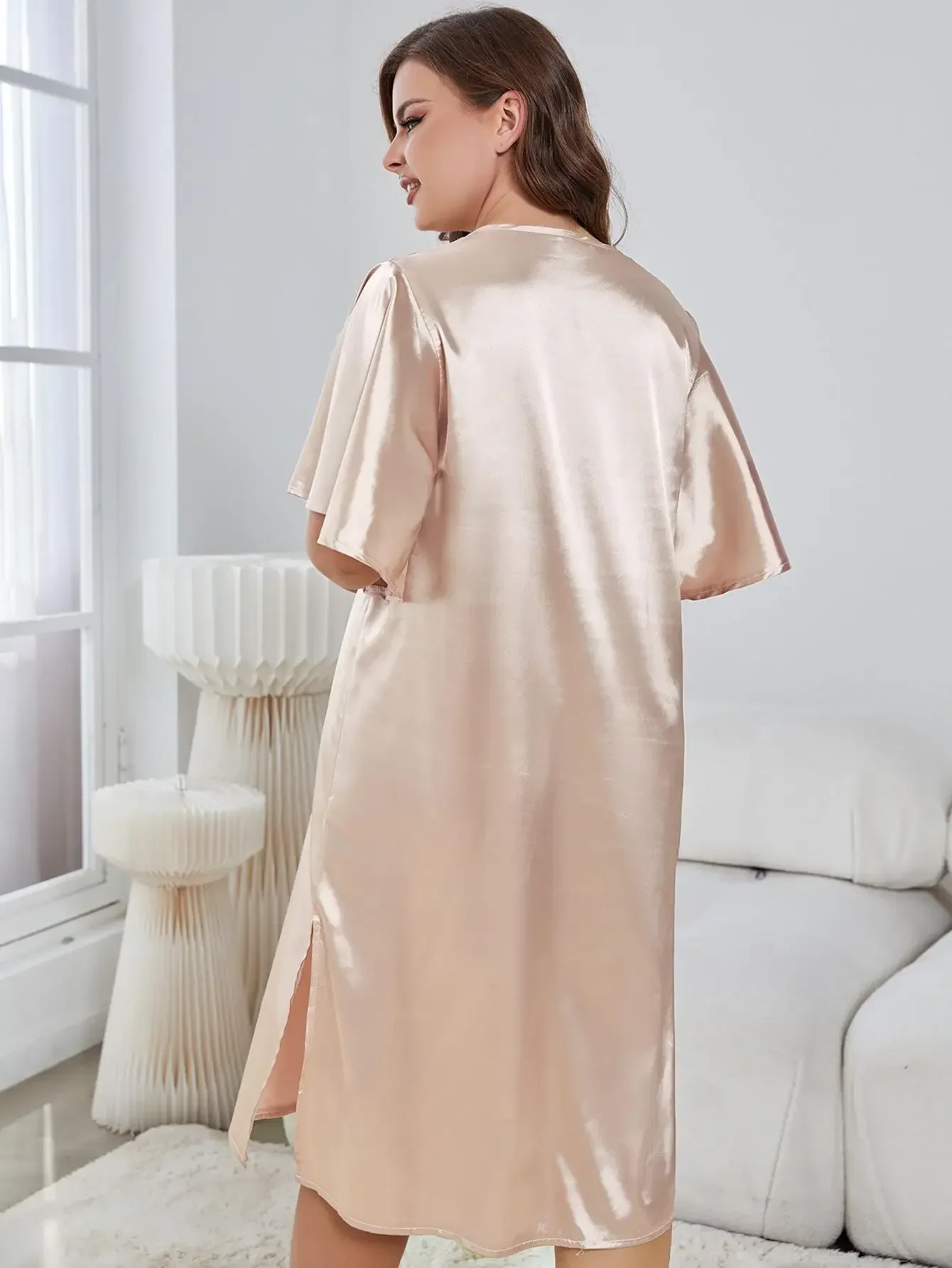 Vestidos de dormir de talla grande con cuello en V para mujer, pijama con volantes, mangas cortas, ropa de casa con abertura lateral, ropa de dormir femenina