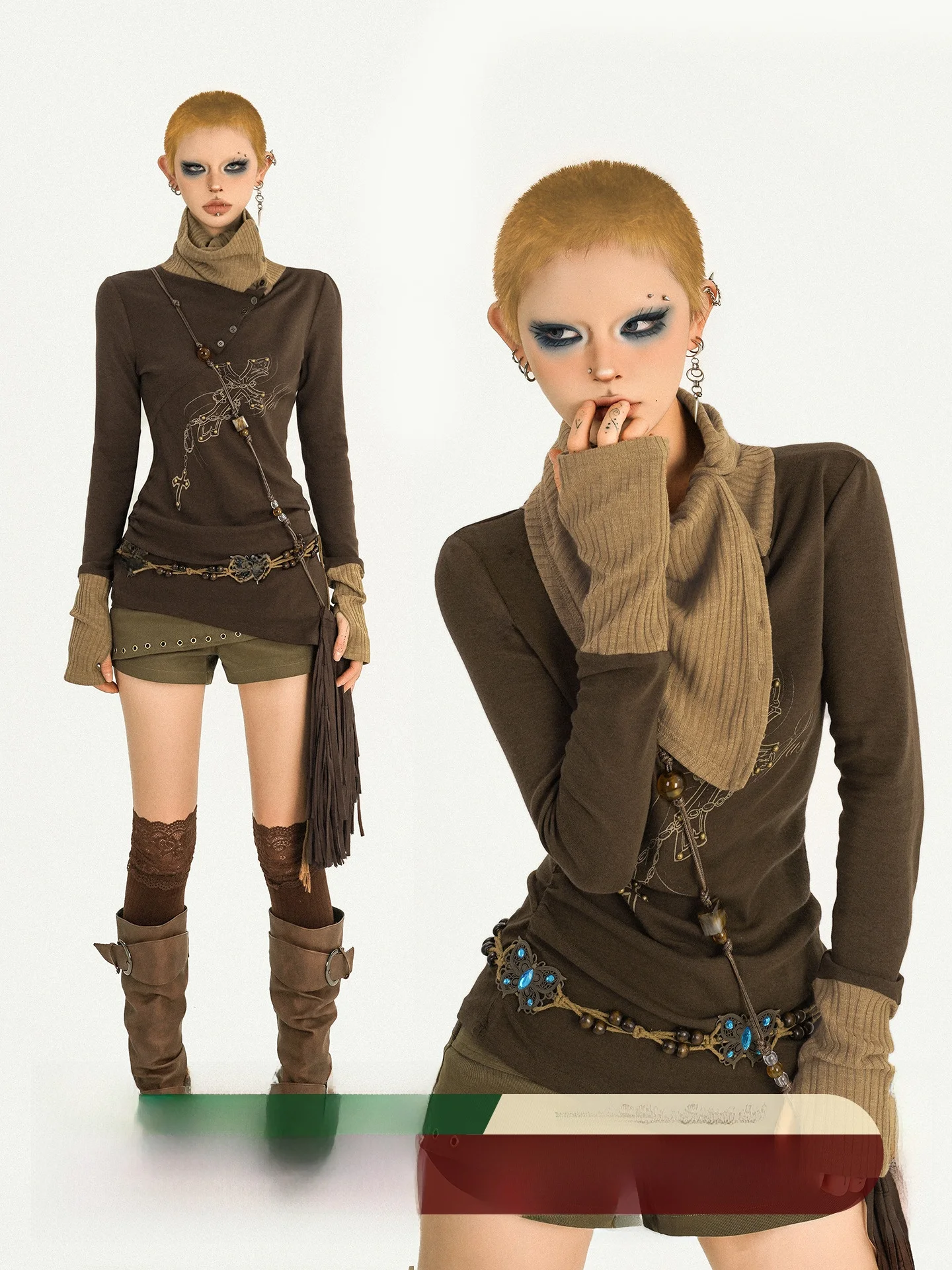 

Nico Molly винтажная футболка с высоким воротником и длинным светом, женская футболка в стиле панк Sle Design, сексуальная основа для девочек, осенний топ, трикотажная ткань