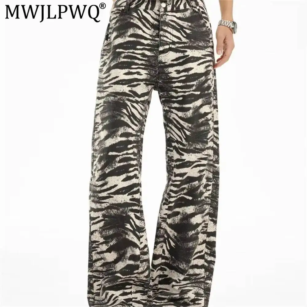 MWJLPWQ American Retro Print Jeans For Men Casual Punk Street Style Tie-Dye Distressed Loose Denim Straight-Leg Pants 20331