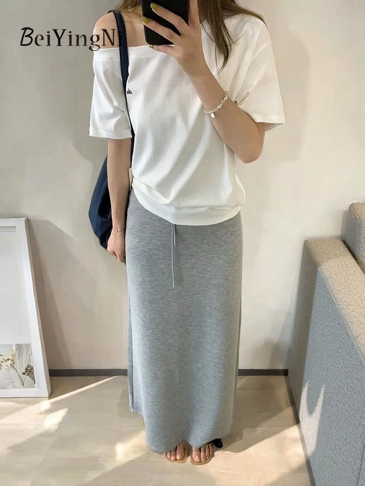 Beiyingni 2025 تنورة نسائية عصرية جديدة عادية سليم مرونة الخصر مستقيم سبليت ميدي التنانير الإناث عادية الكورية Faldas