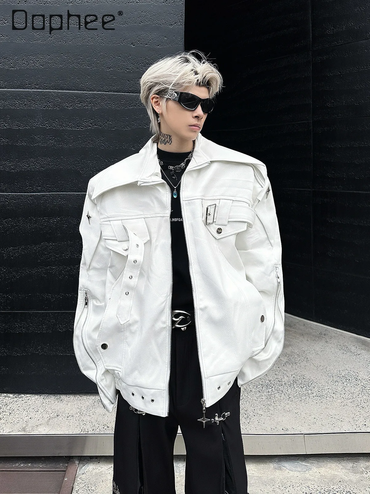 

Spring and Autumn American Style Loose Casual White PU Leather Jacket for Men Handsome Motorcycle Black Strap Design Jacket
