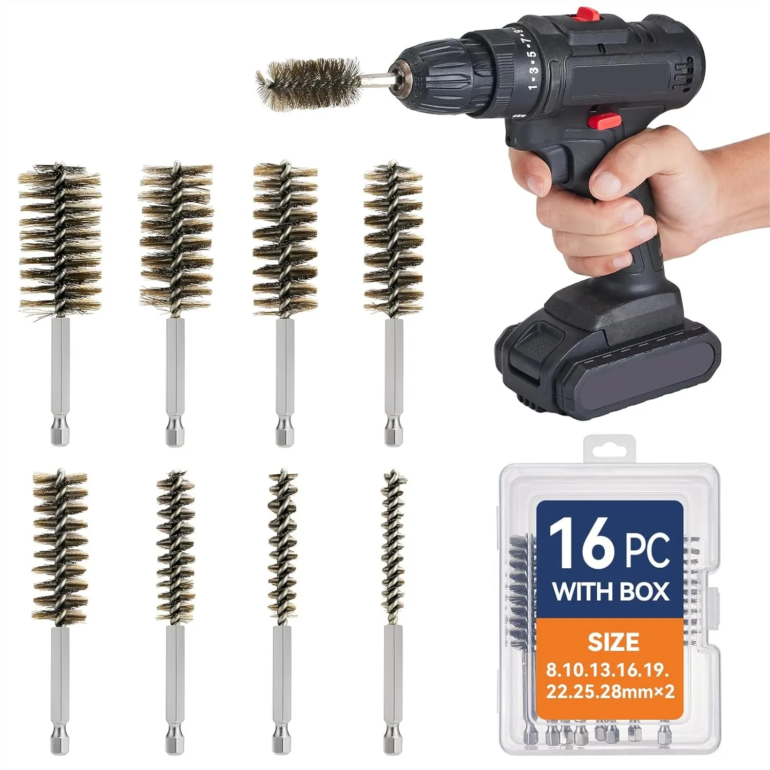 

16 Pcs Stainless Steel Bore Brush Set for Drill, 1/4 Hex Shank, Rust Removal & Tube Cleaning 8-28mm