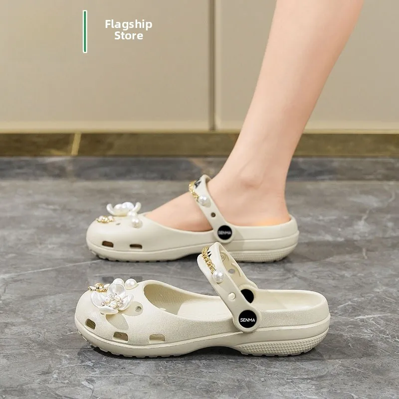 ballet-style-women's-slippers-summer-outdoor-beach-sandals-pearl-flower-head-cover-shoes-breathable-low-cut-round-toe-thick-heel