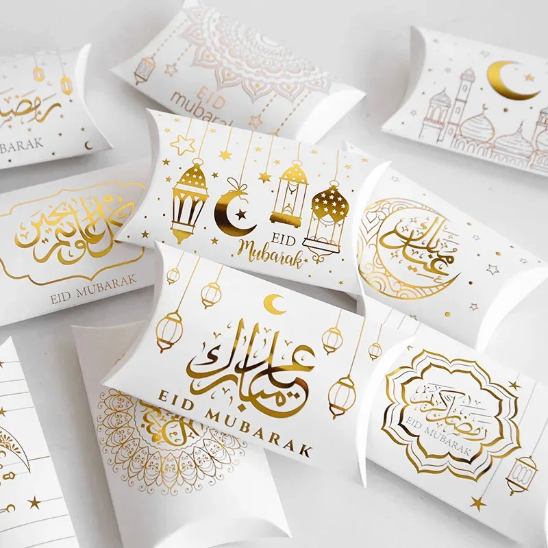 Boîte à bonbons en forme d'oreiller Eid Mubarak, emballage cadeau en papier kraft, décoration du Ramadan Kareem, fournitures de fête musulmane, 2025, 10 pièces, 20 pièces