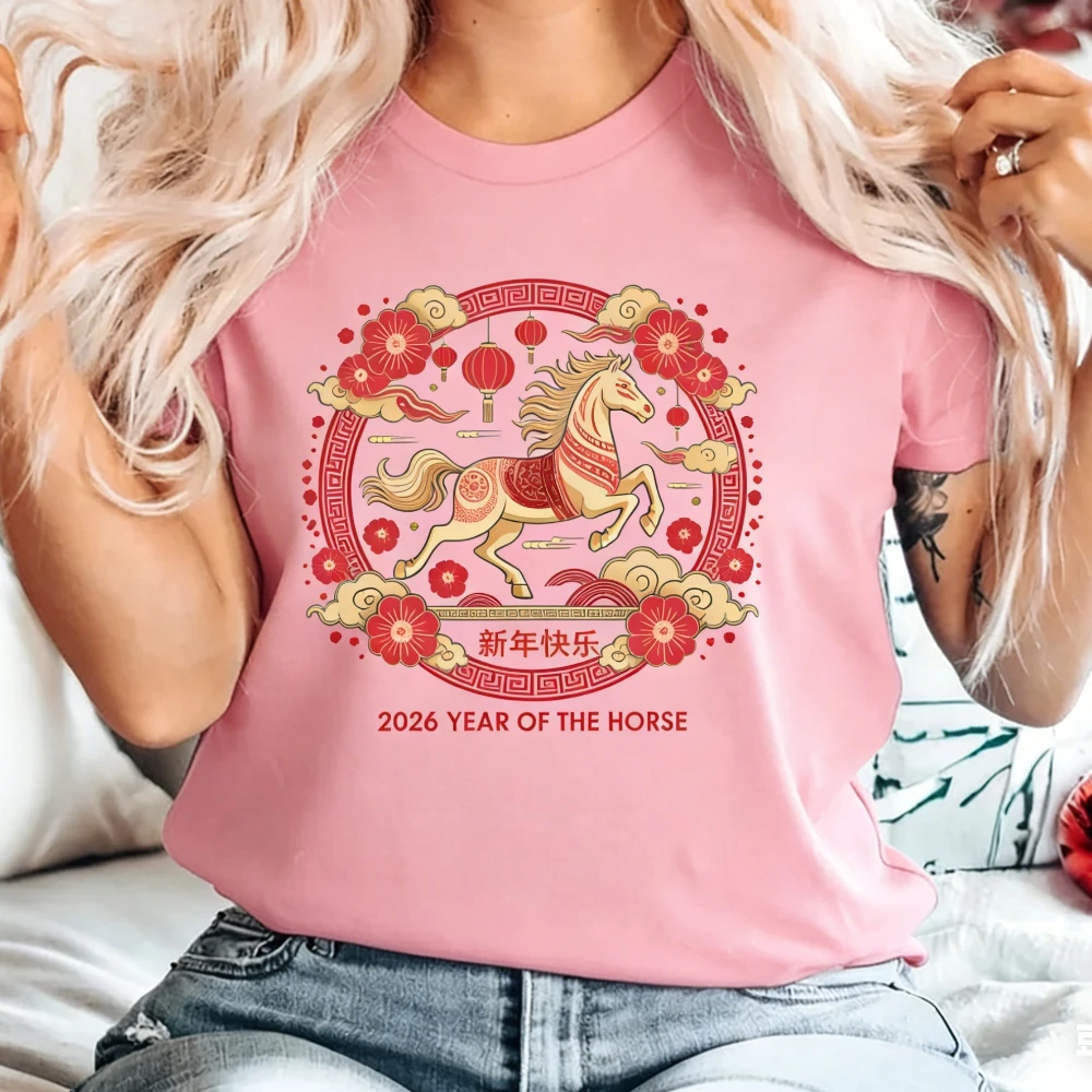 Cinese 2026 Cavallo Capodanno Camicia Zodiaco Cinese T-Shirt Cina Floreale Capodanno 2026 Tee Cavallo Anno Regalo Uomo Donna Casual Magliette e camicette