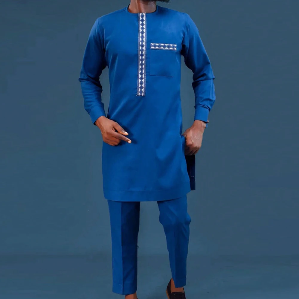

Kaftan Men's Two-Piece Set Wedding Kaunda Suits African Ethnic Traditional Casual Outfits Embroidery with Pocket Top and Pants