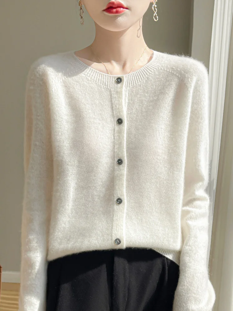 ADDONEE-cárdigan de cuello redondo para mujer, suéter de punto de lana merina 100%, manga larga, ropa informal básica, Top Popular Coreano, nueva
