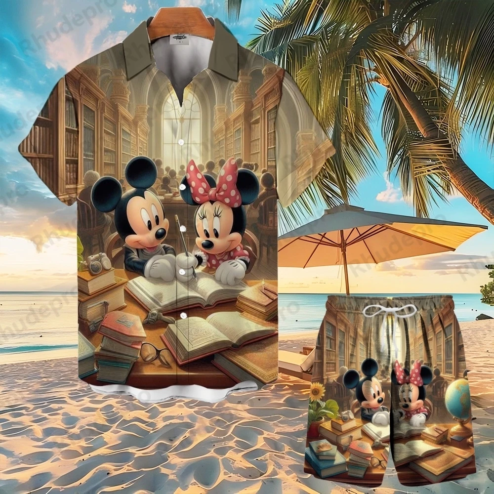 Disney Summer Mickey Mouse Button Shirt Set Cartoon Beach Shorts Hawaiian Men Women Shirt Short Sleeve Shorts Shirt Suit