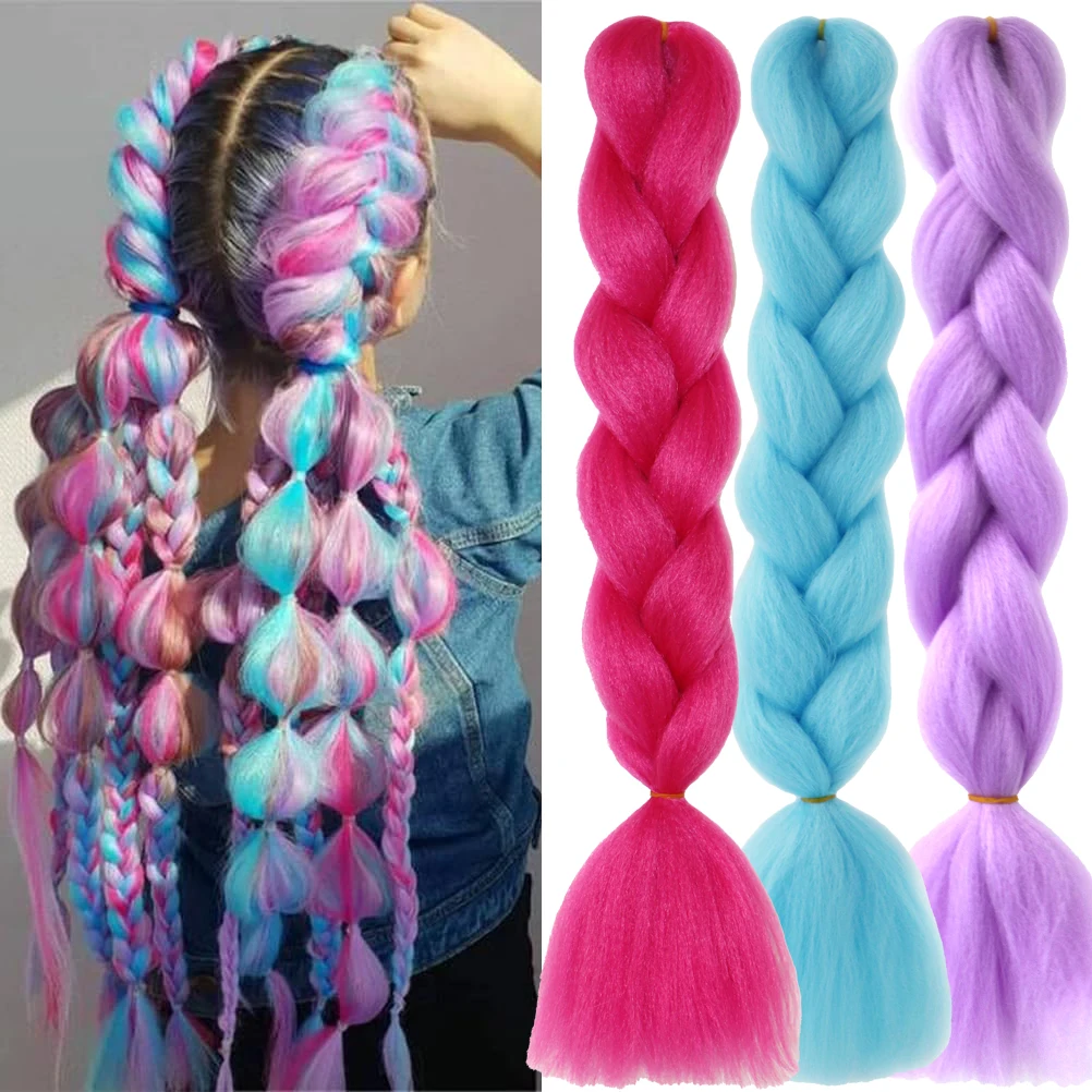 Extensiones de cabello trenzado de fibra de tamaño gigante sintético, colores arcoíris, 24 pulgadas, para niñas y mujeres, Halloween y Navidad, 3 uds.