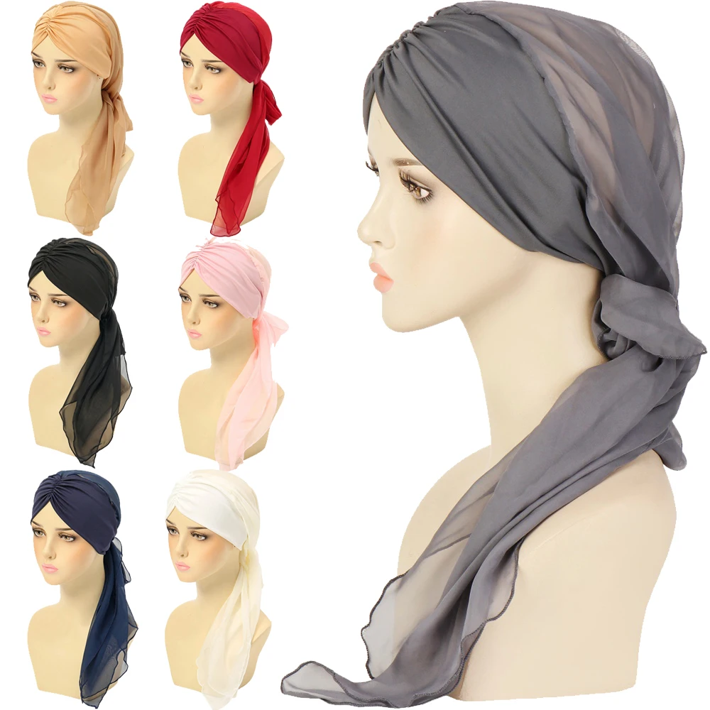 

Forehead Pleated Chiffon Long Tail Headscarf Hat Women Muslim Hijab Turban Pre-Tied Head Wrap Bandanas Headband Turbante Mujer