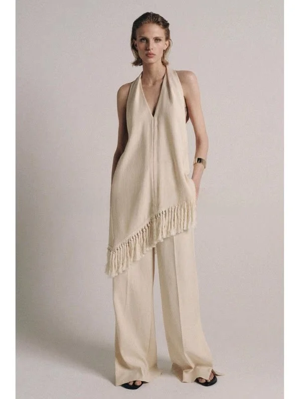 Asymmetric Hem Hanging Neckline Top Wide Leg Casual Commute mid Waist Pants Fashion Set Women's Clothing Spring Office Wear