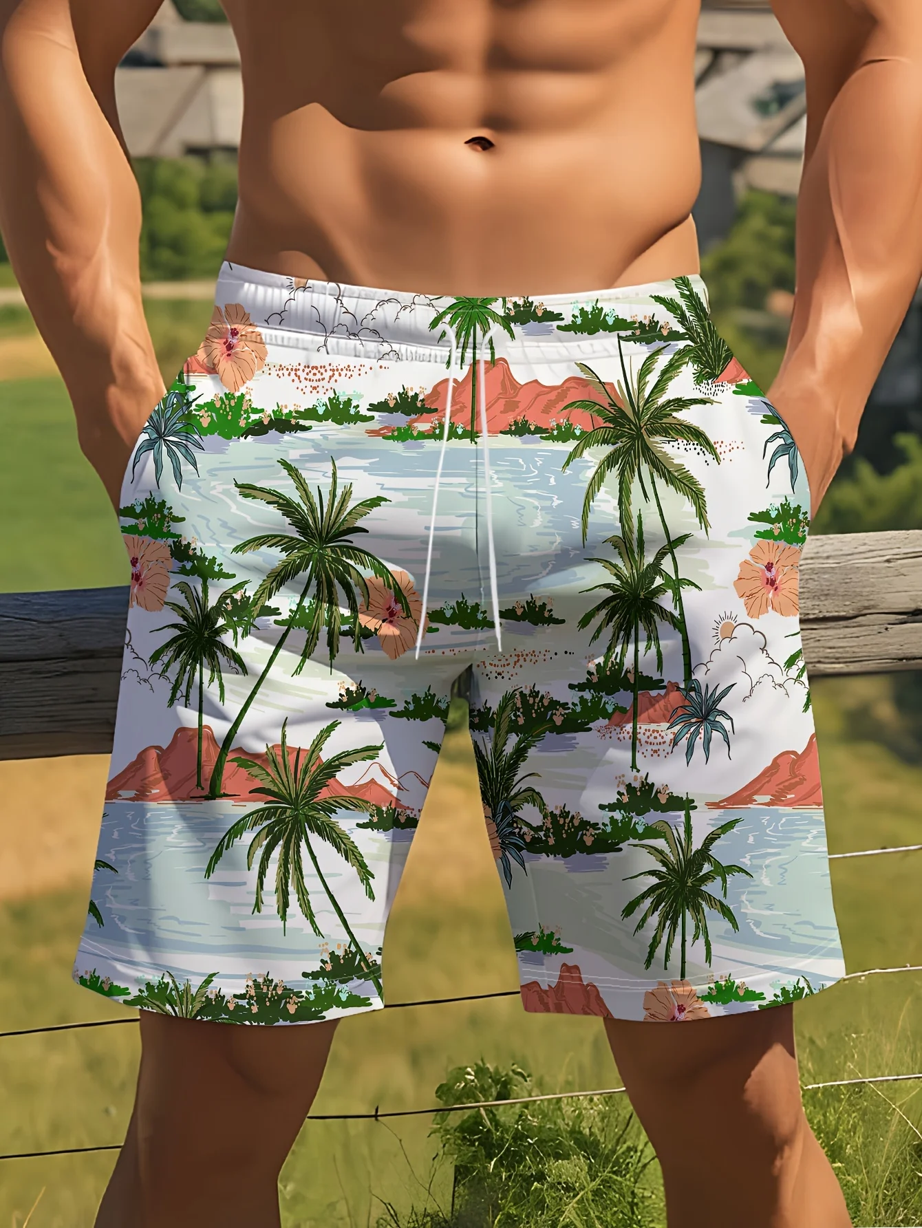 Men Hawaii Beach Coconut Trees Print men shorts Adult Shorts 2024 Street Life Men's Drawstring beach Shorts men clothing