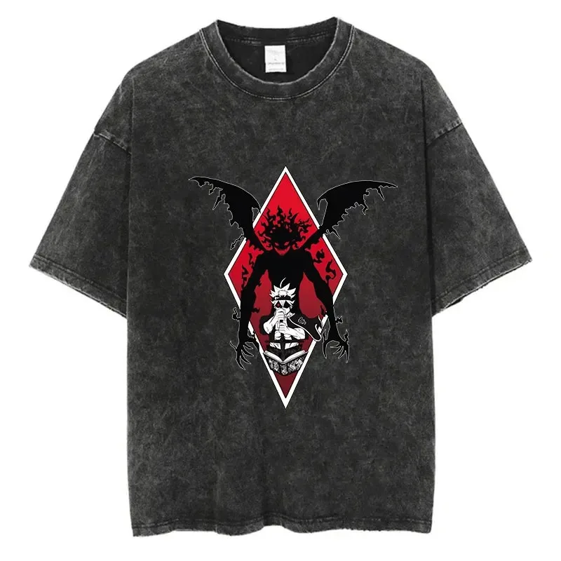 Anime Black Clover Washed T-Shirt Harajuku Streetwear Graphic Retro T-Shirt Summer 100% Cotton Hip Hop Short Sleeve Top T-Shirt