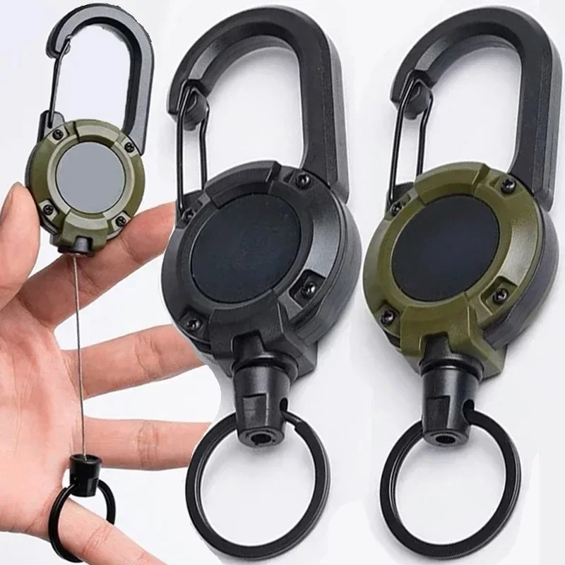 Retractable Heavy Duty Hook Pull Reel Carabiner Key Chains Strong Steel Wire Rope Buckle Spring Outdoor Sporty Keychain Tool