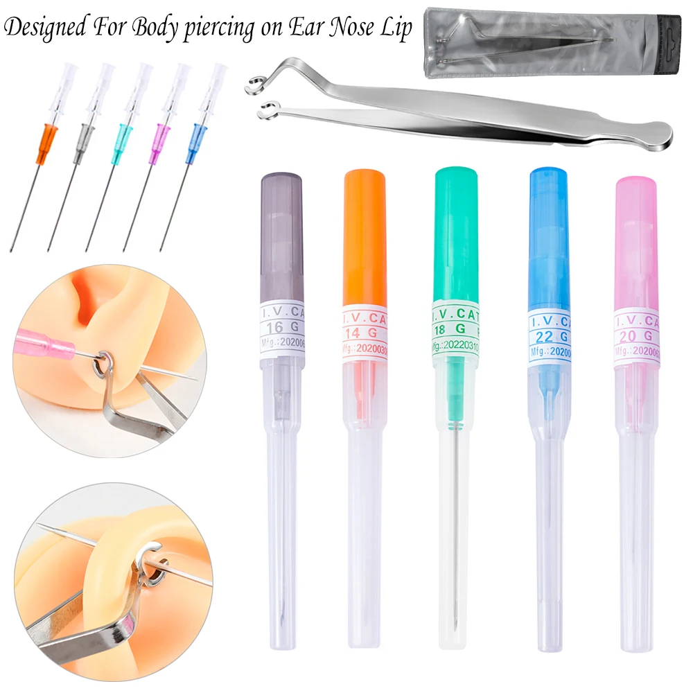 Surgical Steel Professional Belly Ear Daith Tongue Septum Lip Piercing Forceps Tweezer Clamp Self-Locking&Piercing Needle Tool