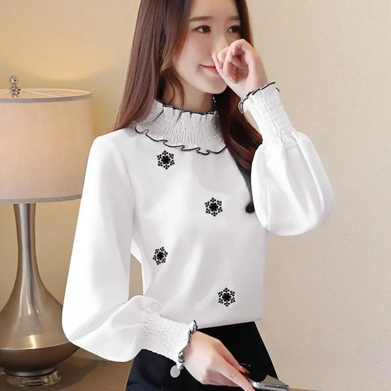 

Bottoming Shirt Women 2024 Spring Summer New Fashion Coat Korean Semi-High-Necked Blouse Embroidered Long-Sleeved Tops Female