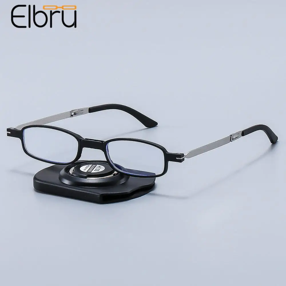 

Elbru Folding Anti Blue Light Reading Glasses Portable Metal Mini Presbyopia Eyewear Women Men Eyeglasses Case With Phone Holder