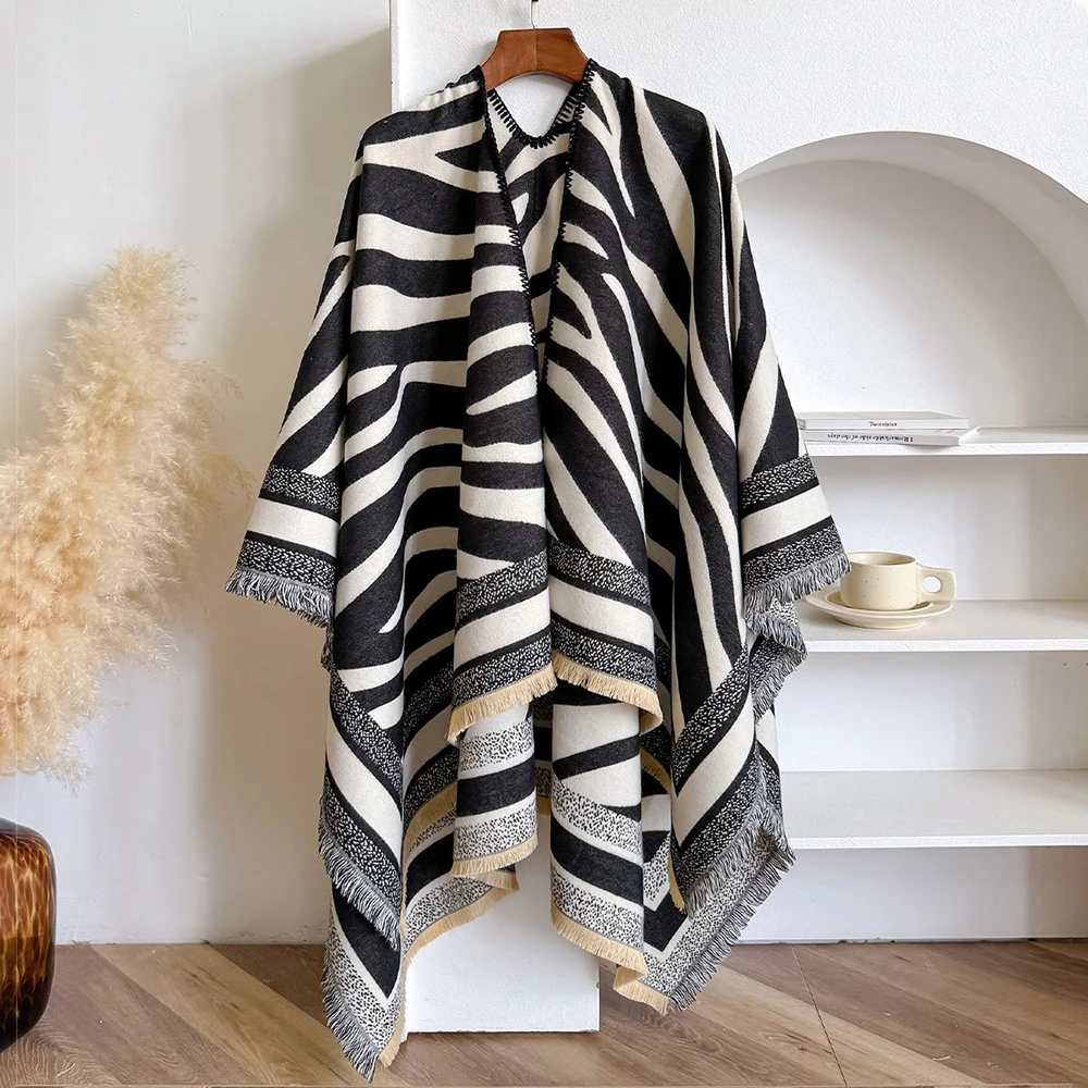 

Fashion Classic Zebra Stripes Faux Cashmere Poncho Long Cape Autumn Winter Thick Shawl Spring Summer Leisure Travel Wraps