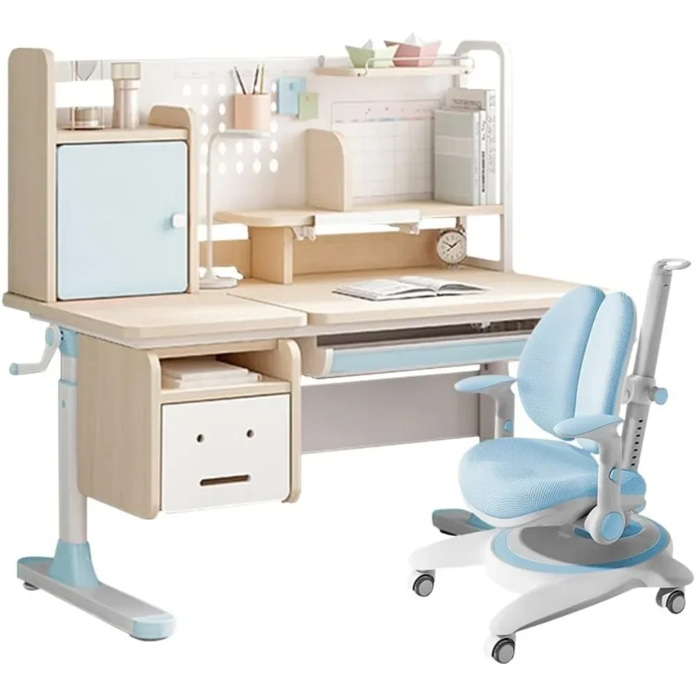 Kids Desk and Chair Wood Adjustable Height Ergonomic Reading Study Table with Tiltable Desktop,Pull-Out Drawer,Children Tables