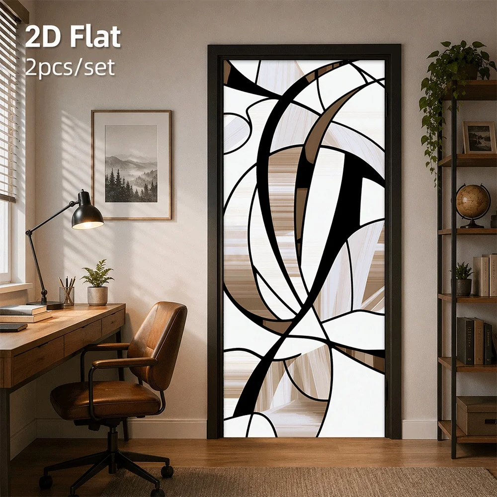 1 piece of modern abstract geometric line door sticker, simple black, white, brown tri color art decoration sticker, 2D flat