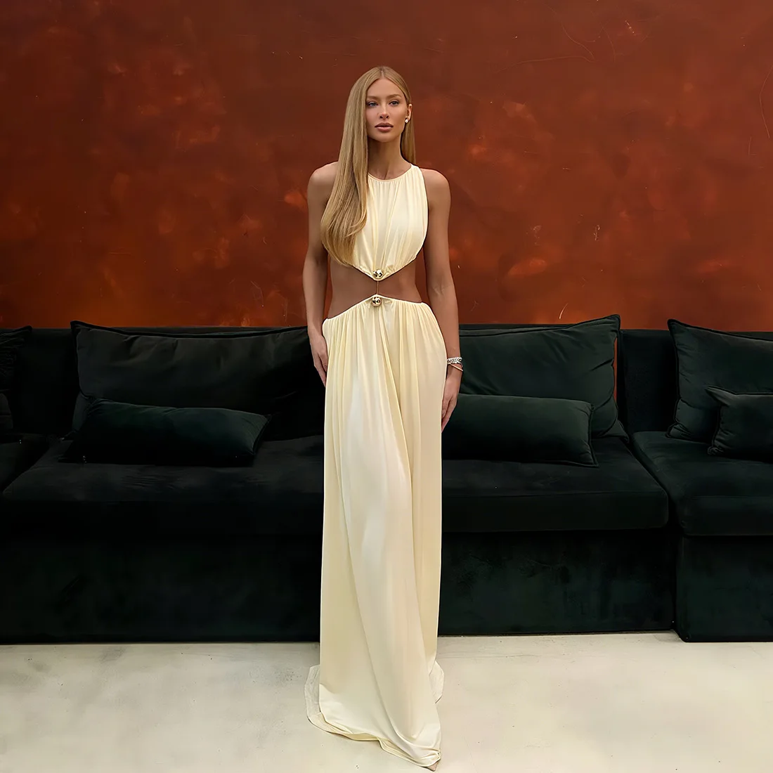 2025 Autumn Beads Fake 2 Piece Pleated Maxi Dress Women Sexy Hollow Out O Neck Sleeveless Backless Evening Gown Party Long Robe