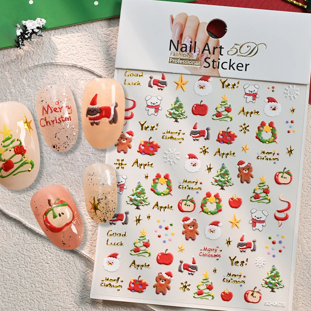 1개 귀여운 산타클로스 눈사람 리스 5D 엠보싱 크리스마스 네일 아트 스티커 크리스마스 트리 눈송이 네일 데칼 DIY 네일 용품