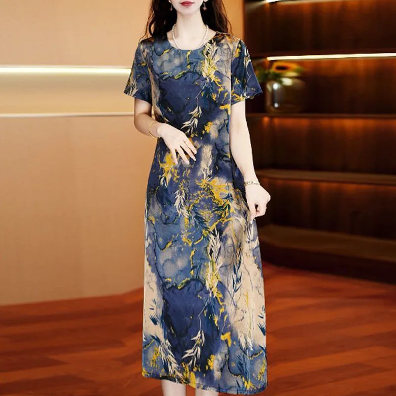 Women's Vintage Abstract Floral Print Maxi Dress Loose Short Sleeve Round Neck Casual Summer Long Dress