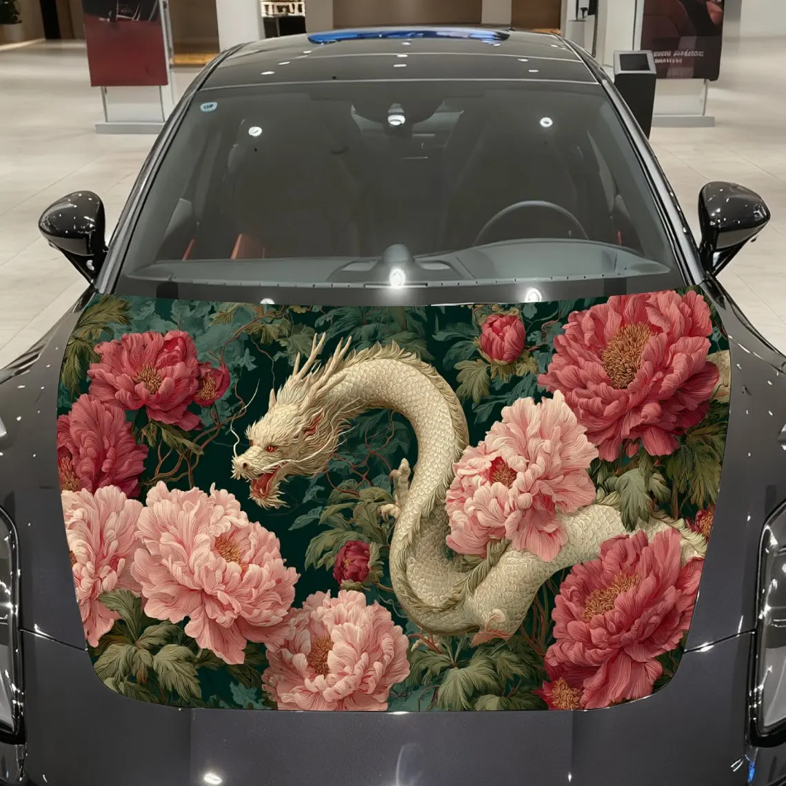 

Peony & White Dragon Car Vinyl Wrap, PVC Material Waterproof Car Hood Sticker, Self-Adhesive Scratch-Resistant Stickers for Engi