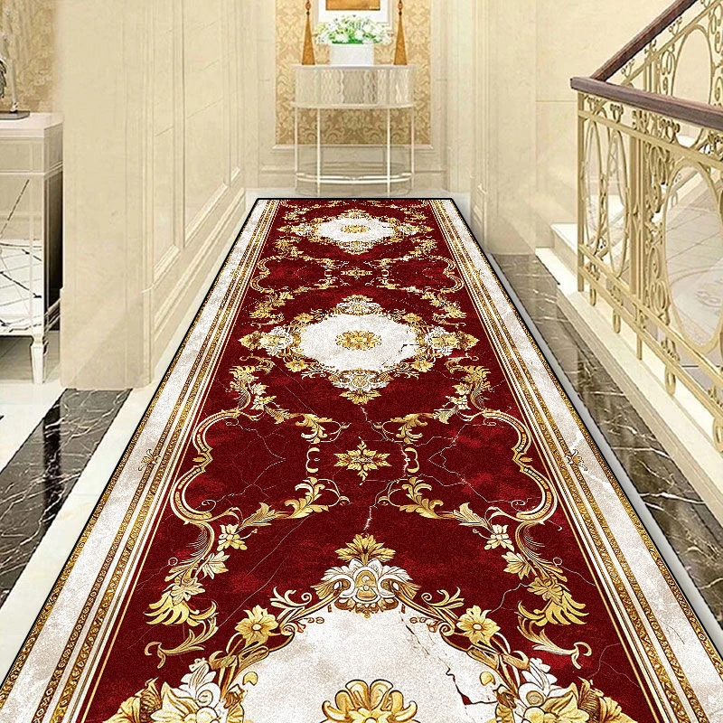 European Style Red Golden Aisle Carpet Luxury Hall Corridor Carpets Non-slip Stairway Decor Rugs Runner Kitchen Mat Customizable