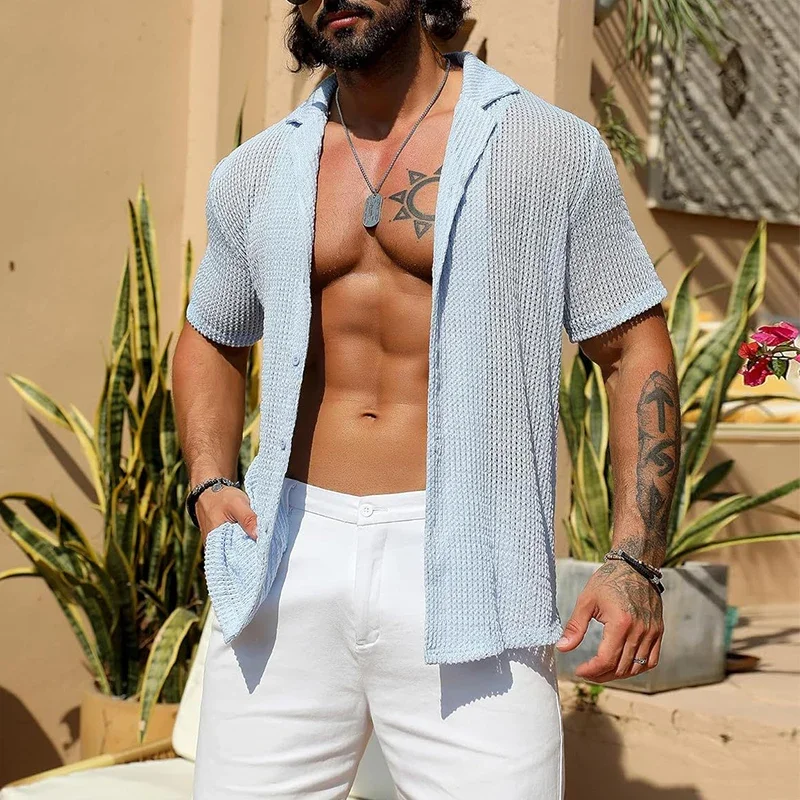 Sexy Hollow Out Breathable Knitted Shirt Men Summer Beach See Through Casual Shirts Mens Short Sleeve Button Solid Color Shirts