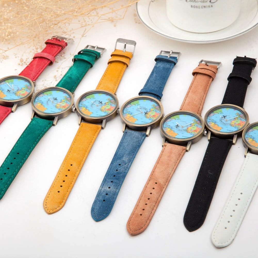 Мода 2024, глобальная карта мира, самолет, джинсовый тканевый ремешок, часы, повседневные мужские и женские наручные часы, кварцевые часы, подарок, Horloges Relógio