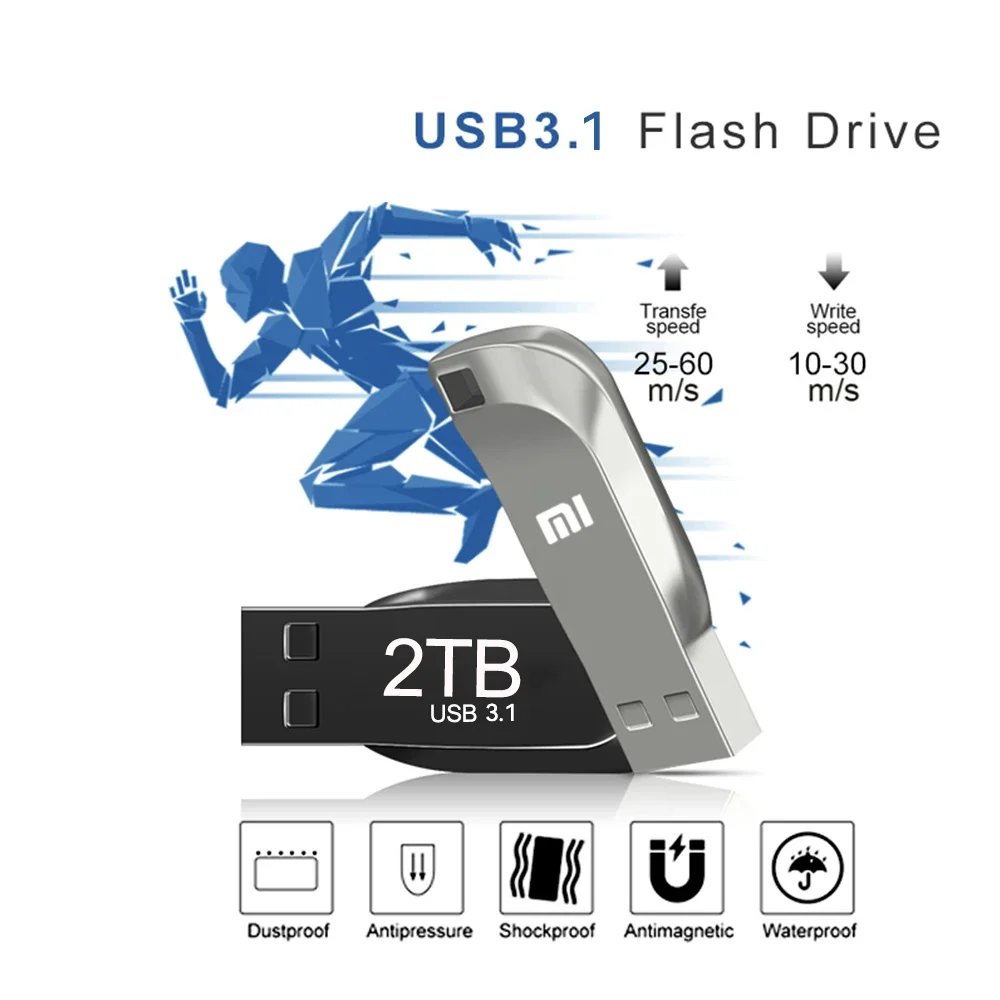 샤오미 USB 3.1 플래시 메탈 드라이브, 대용량 고속 전송 스토리지 펜 드라이브, 방수 U 디스크 메모리 스토리지, 2TB