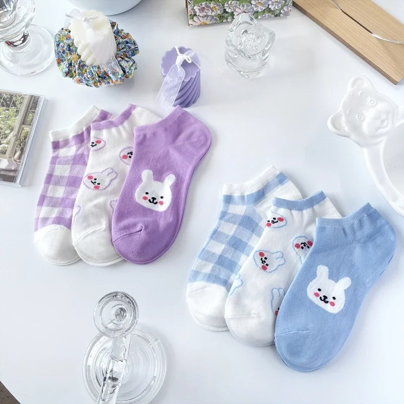 6 Pieces/Summer Women's Socks Cartoon Cute Rabbit Japanese Cotton Student Korean Version Purple-Blue Women's Socks Lolita Kawaii