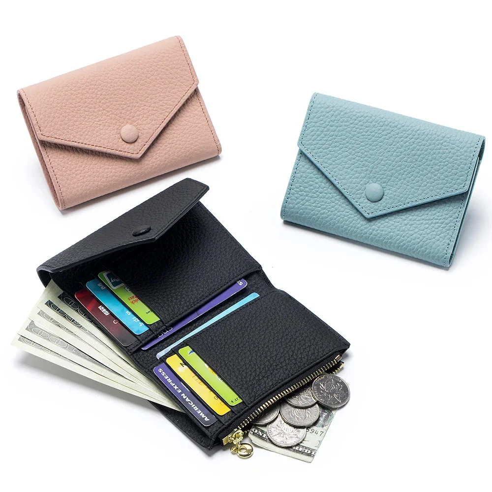 Portefeuille court en cuir véritable pour dames, fente multi-cartes, porte-cartes, porte-monnaie, mode