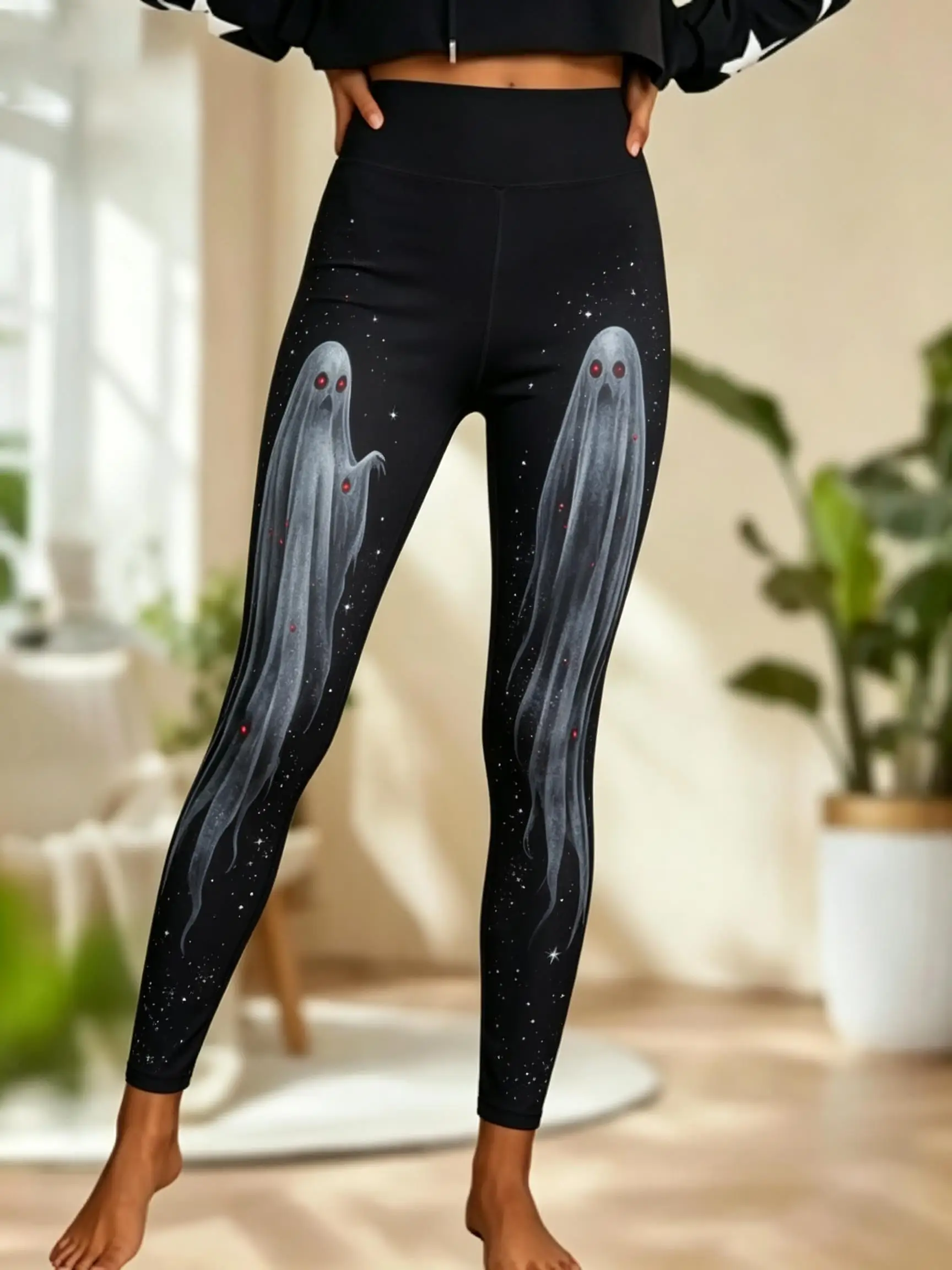 Women Halloween Fleece Mid‑Rise Leggings Vintage Ghost Star Full Print Stretch Slim Pants