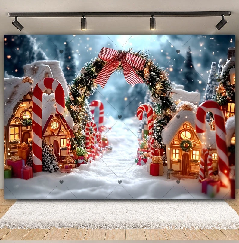 Winter Kerst Fotografie Achtergrond Kerst Stad Snoep Huis Krans Boog Decoratie Jongens Meisjes Portret Achtergrond Fotostudio