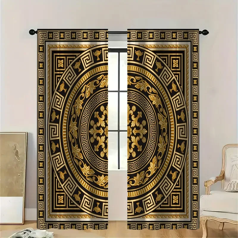 

2PC Black Gold Greek Curtains, Elegant Thermal Drapes for Living Room & Bedroom, Luxury Window Panels Home Decor