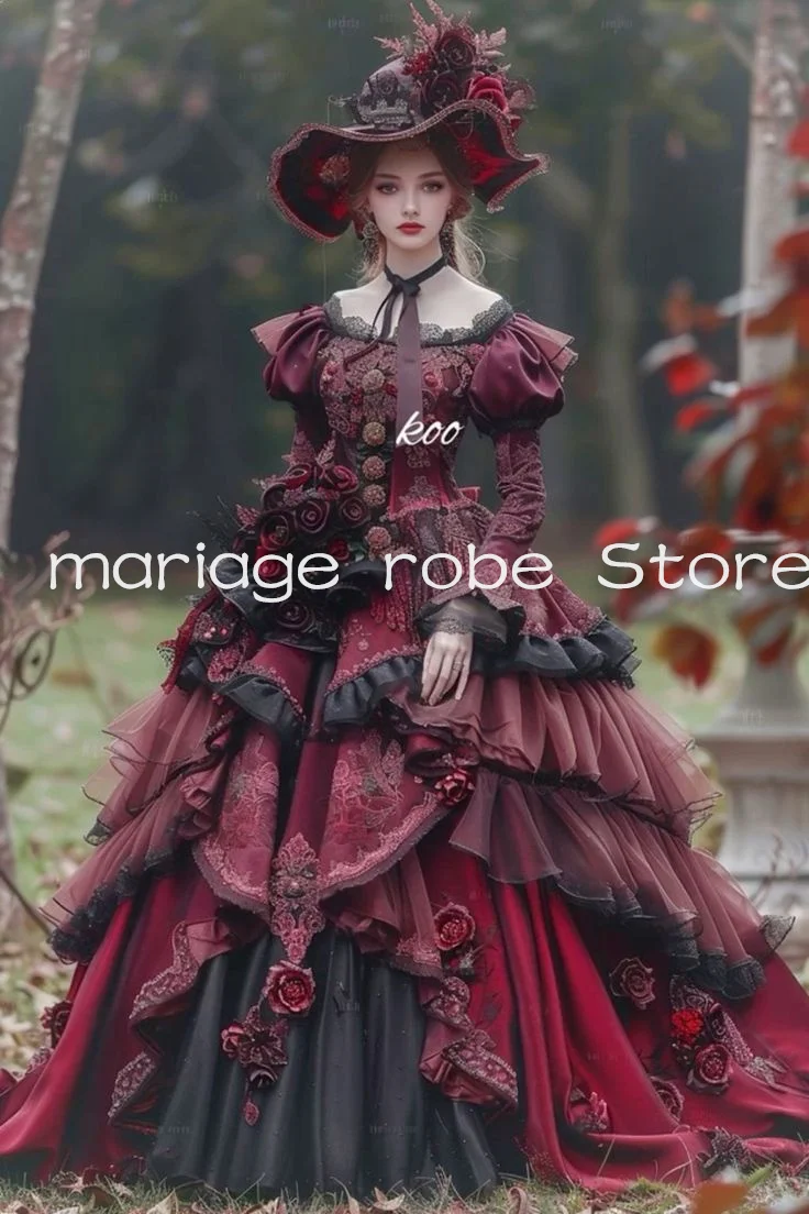 Black Burgundy Gothic Victorian Prom Dresses Costume 2025 Long Sleeve Fairy Lolita Rococo Lace-up Corset Evening Gown Cosplay