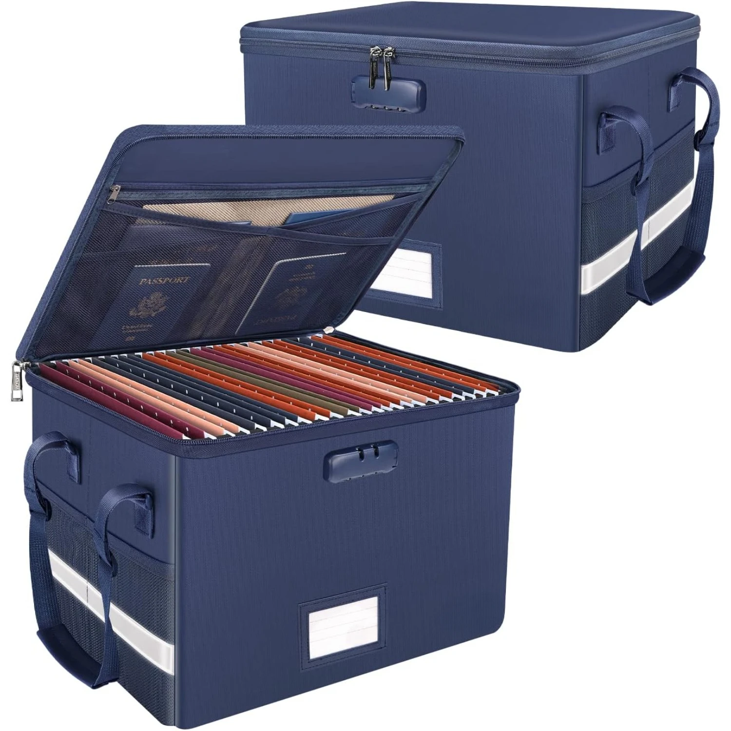 

File Box with Lock, Fireproof Document Box with Pockets, Collapsible File Organizer Filing Storage Cabinet with Handle, 2 Pack
