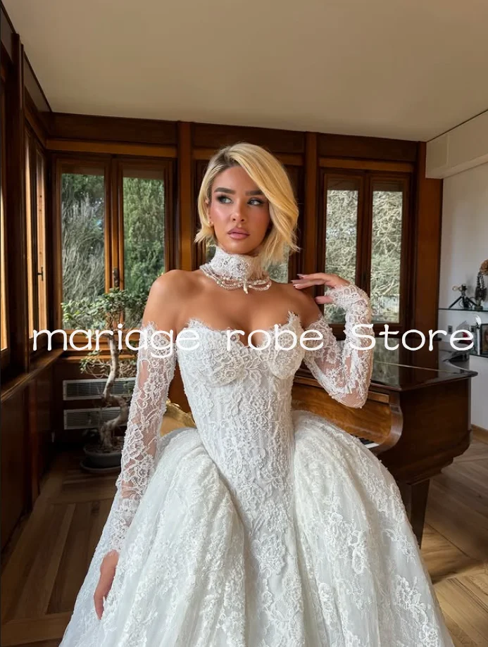Luxury Princess Church Wedding Dresses with Detachable Train Lace Applique Remove Long Sleeve Bridal Gown Garment Customsized