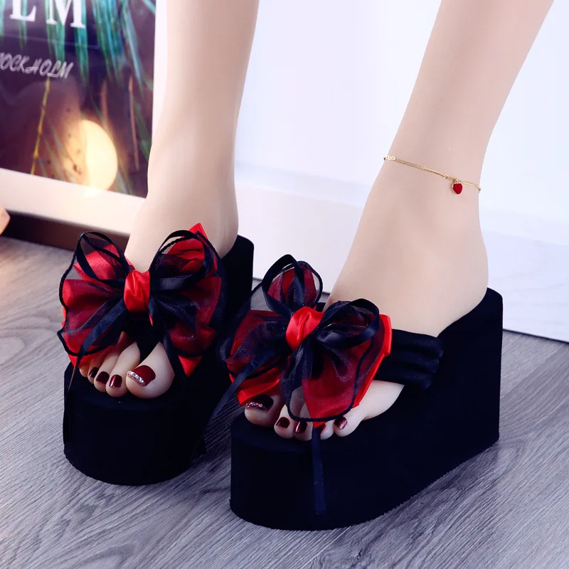 

Woman bow flip flops summer thick soled wedges sandals women's non-slip slippers high heels beach flipflops pantuflas mujer