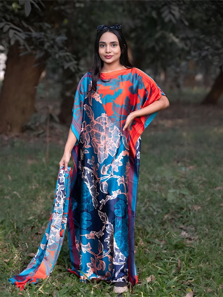 Muslim Abayas For Women 2025 New Printed Silk Soft Loose Femme Elegant Robe African Maxi Party Dresses With Belt Turban