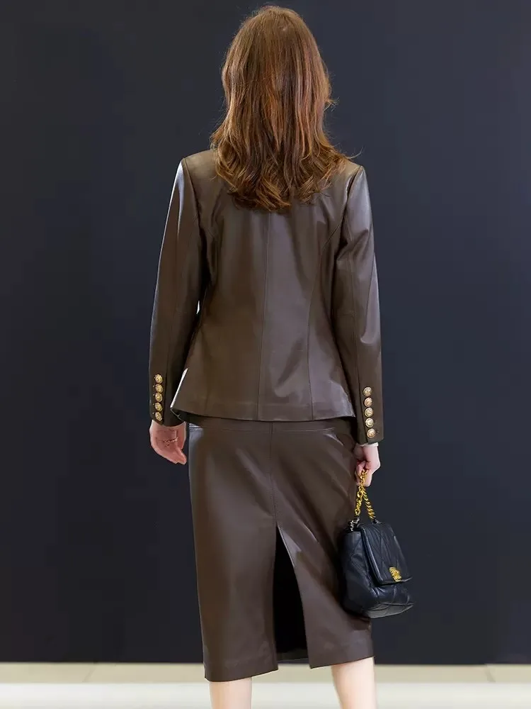 Office Ladies Elegant Genuine Leather Suit Jacket Slim Fit Spring Autumn Fashion Outerwear Women Double Breasted Sheepskin Coat