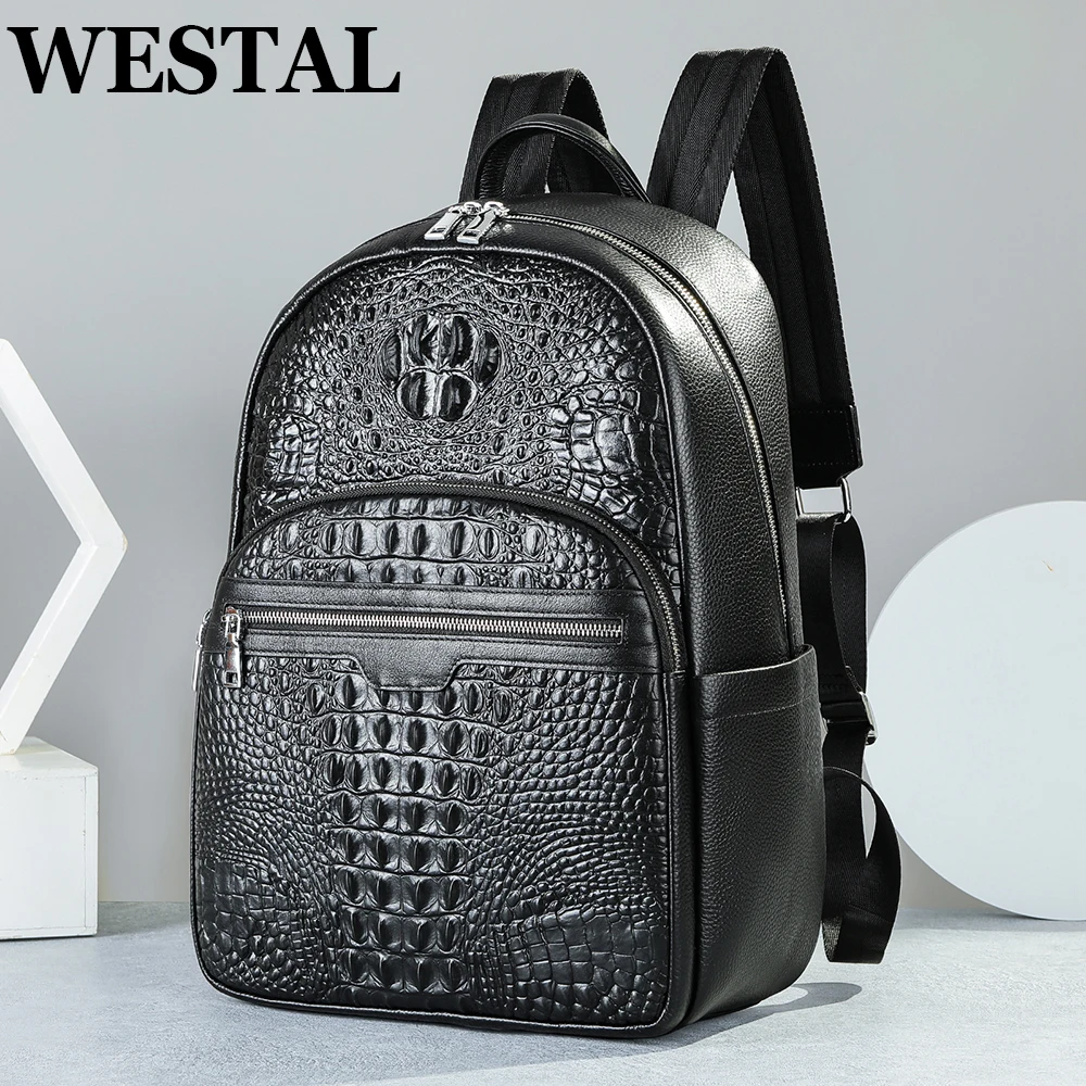 

WESTAL Genuine Leather Crocodile Pattern Men's Backpack Outdoor Travel Lightweight Laptop Backpack Multi-functional School Bag