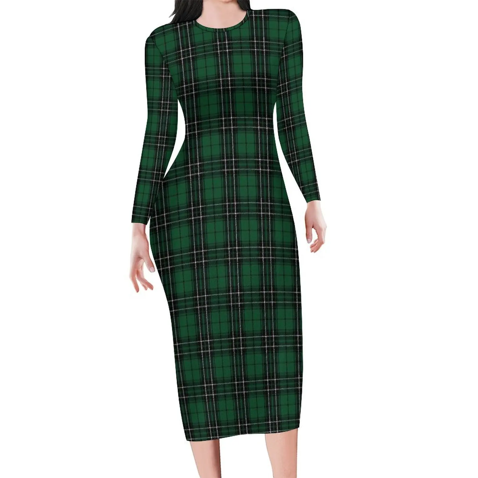 Vestido a cuadros Retro de manga larga, Vestidos estéticos verdes y negros, vestido ajustado lindo para vacaciones, diseño femenino, Vestidos de gran tamaño